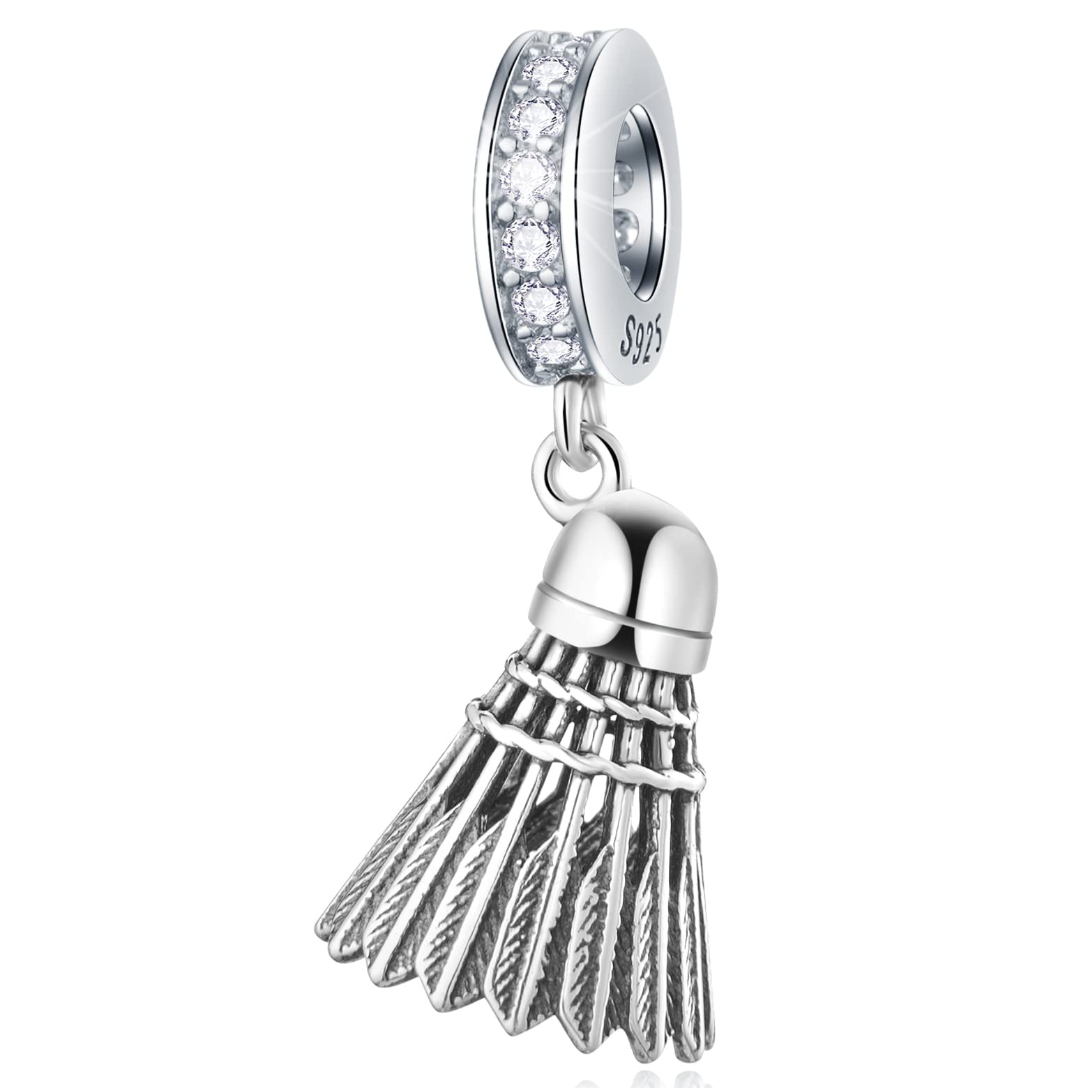 Badminton Birdie Dangle Charm, fits Pandora Sport Bracelet, 925 Sterling Silver Feather Shuttlecock Pendant Beads with Clear CZ, Gift for BFF/Sister/Cousin/Niece