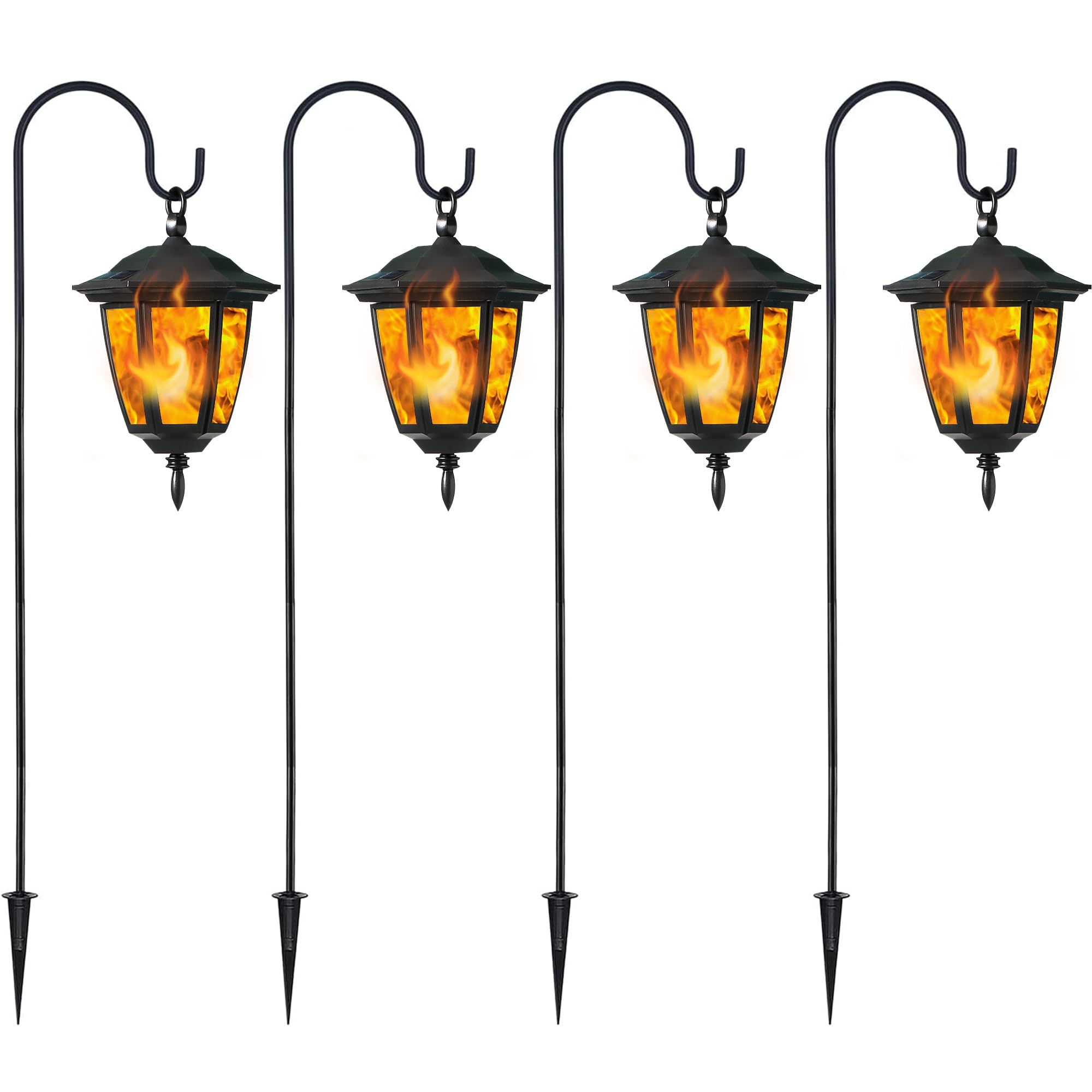 Photo 1 of Dynaming 4 Pack Solar Flame Hanging Lights Outdoor, Solar Flickering Flame LED Garden Lanterns with 4 x 38 Inch Shepherd Hooks, Landscape Lighting Waterproof for Lawn Patio Yard Pathway Driveway
