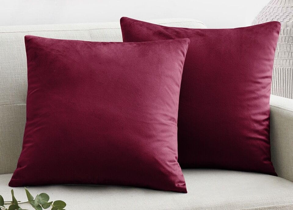Seechoo Velvet Cushion Covers, Set of 2, 45cm x 45cm, 18x18 Inch, 17 Colours, Extra Soft Plush, Decorative, Invisible Zipper (Burgundy)