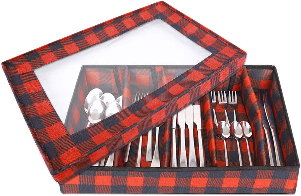 Flatware Drawer Organizer,Flatware Storage Chest, Flatware Storage Box with Lid, Transparent Window and 2 Handles, Organizer with 5 Compartments for Utensils/Silverware: Home Improvement