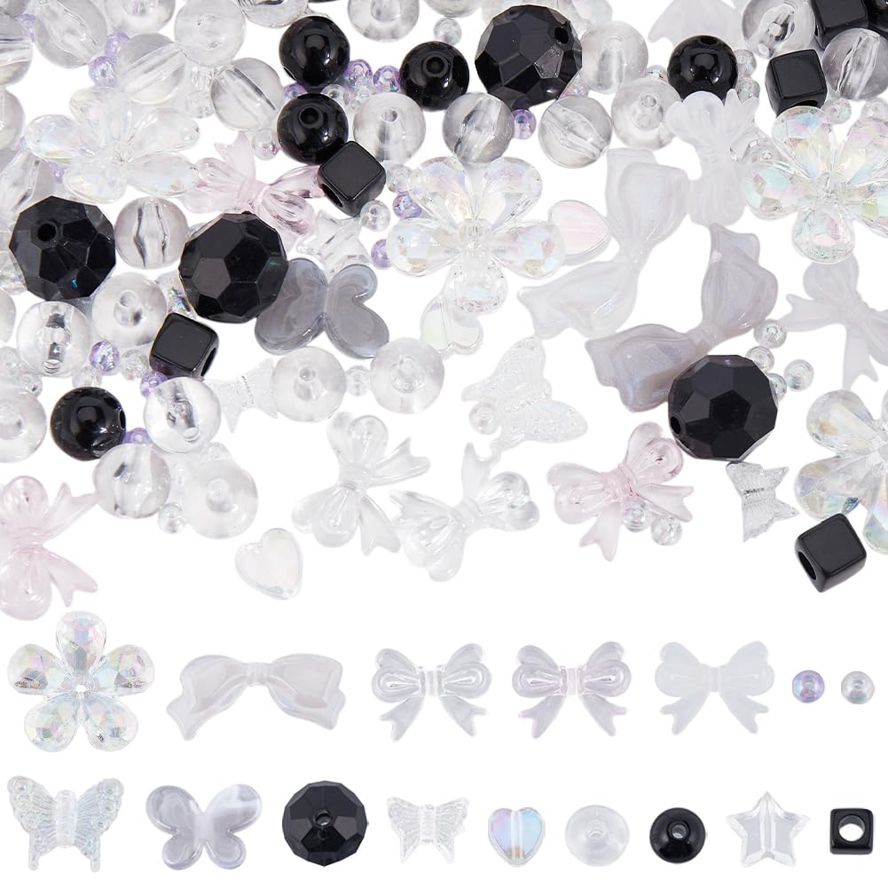SUNNYCLUE 300Pcs 16 Styles Assorted Black Beads Acrylic Bead Kit Cute Purple White Flower Bowknot Butterfly Heart Transparent Bow Beads for Jewellery Making Bracelets Necklaces Christmas Women Adults