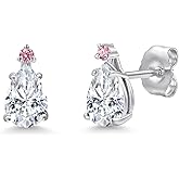 Gem Stone King 14K White Gold White Moissanite and Pink Lab Grown Diamond Stud Earrings for Women | 0.84 Cttw | Gemstone Birthstone | Pear Shape 6X4MM
