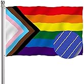 Progress Pride Rainbow Flag 3x5 Outdoor-LGBTQ Gay Lesbian Bisexual Non Binary Transgender All Inlcusive Progressive Pride Rainbow Flag with 2 Brass Grommets
