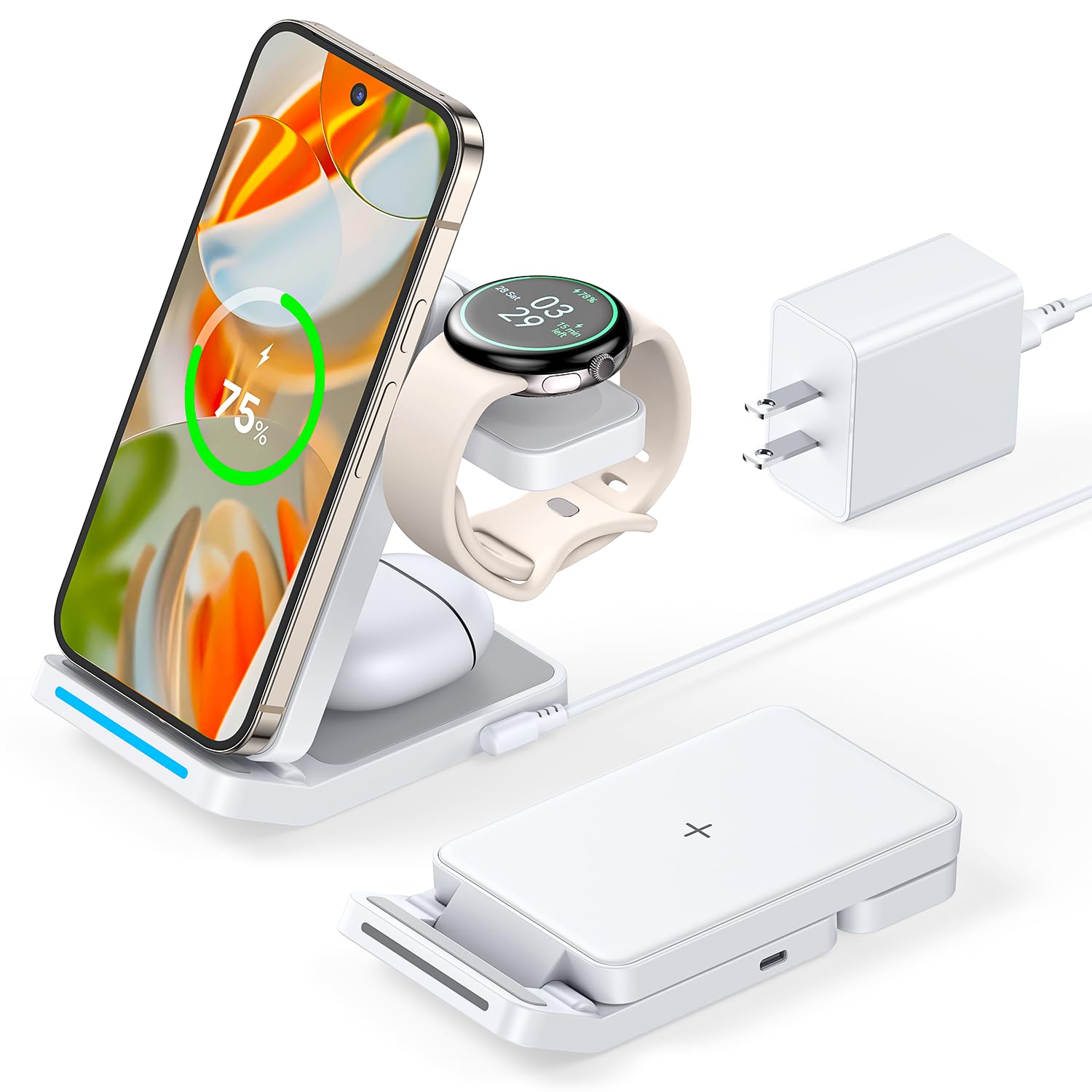 Photo 1 of 3 in 1 Foldable Wireless Charger for Pixel Watch 1st(Not for Pixel Watch 4/3/2), 15W Fast Charging Station Stand for Pixel 10 Pro XL/9/8/7/6 Pro and Buds with Adapter, White