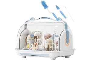 Nollapo Transparent Baby Bottle Drying Rack with Double Lid and Removable Drain Tray Dust-Proof Baby Bottle Storage Box, Space Saving Baby Bottle Rack Dryer (Blue - Large)