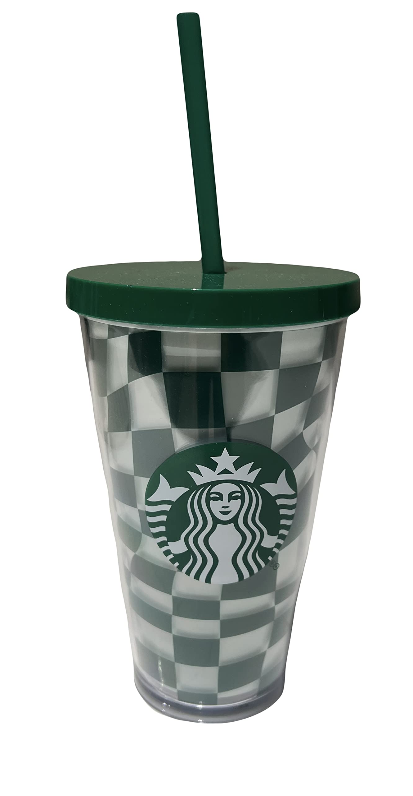 STARBUCKS New Grande 16oz Green White Checks Cold Cup