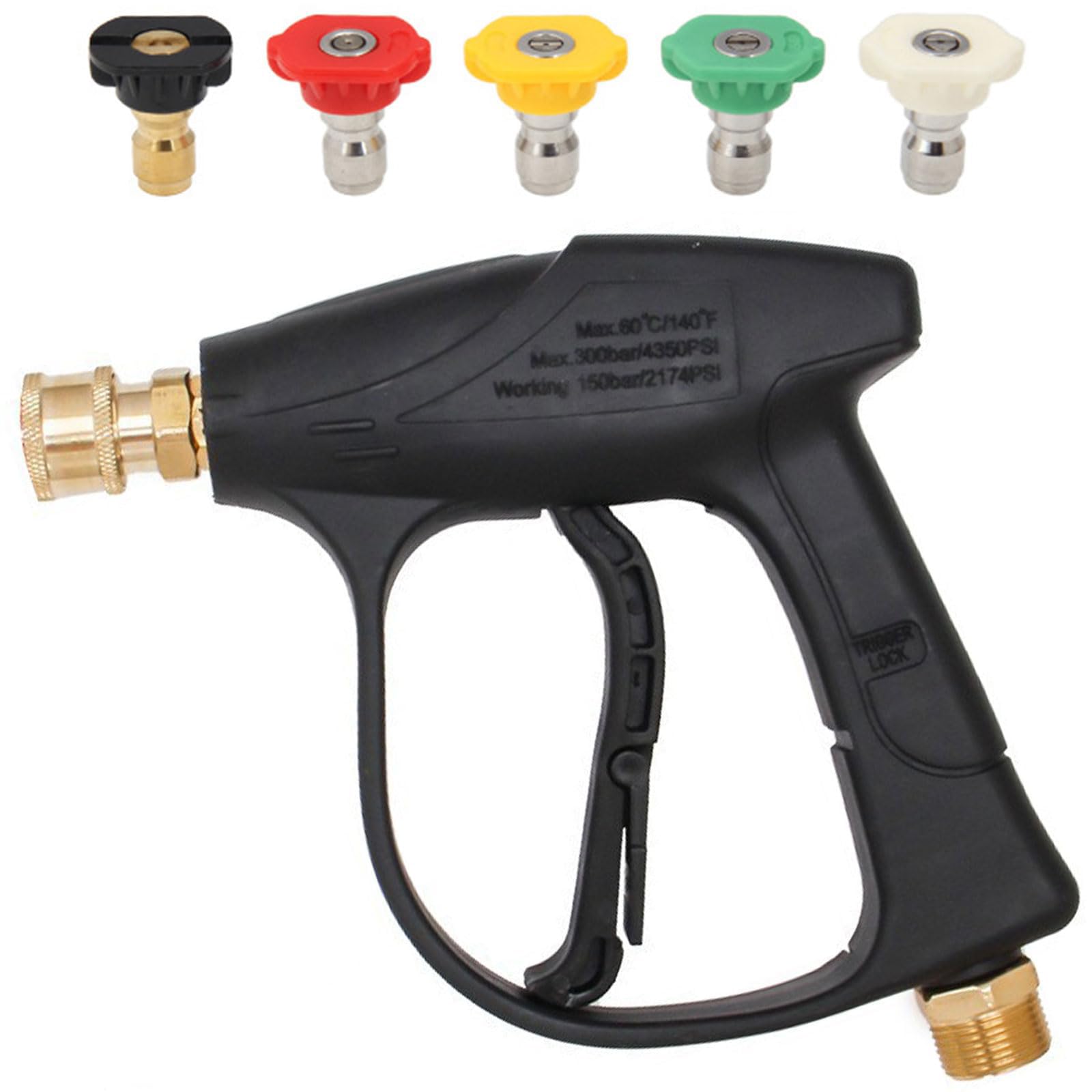 High Pressure Washer Gun, 4350 PSI, 1/4 inch, Short Nozzle Jet Wash, 5 Water Nozzles, M22-14 Hose Connector, Compatible with Karcher, for Car Washing and Patio Cleaning (M22-14mm)