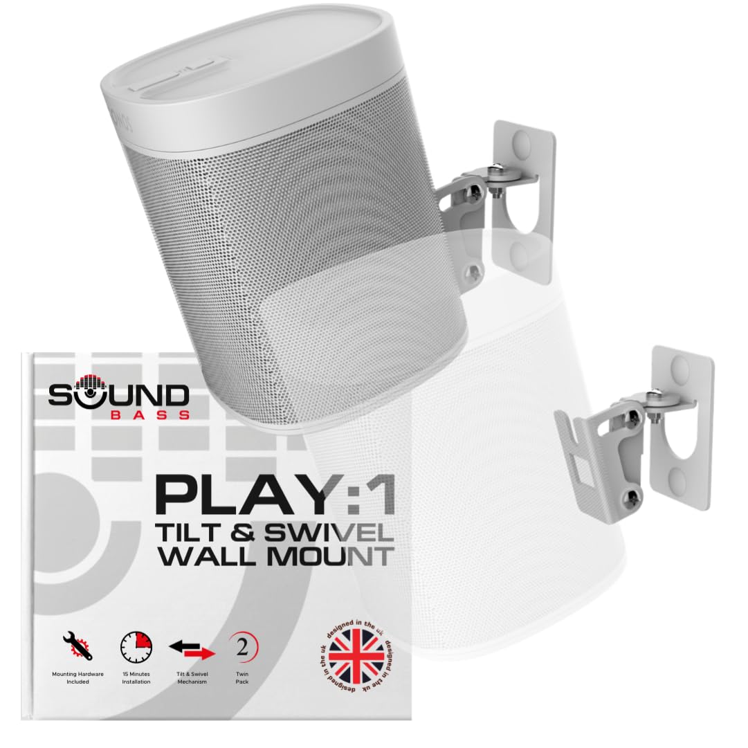 Sound Bass Play 1 Wall Mount White Pair Compatible with Sonos Play:1 Only, Twin Pack, Adjustable Swivel & Tilt Mechanism, 2 Mounting Brackets Includes All Fixings