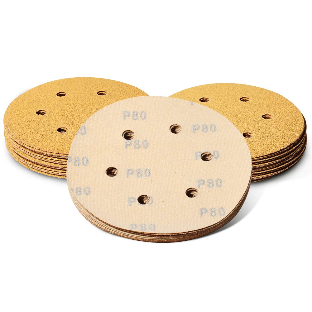 SPEEDWOX 50 Pcs Sanding Discs 6 Inches 80 Grit 6 Hole Hook and Loop Sandpaper Dustless Fit for Random Orbital Sander Assortment Yellow Finishing Discs for Automotive Woodworking