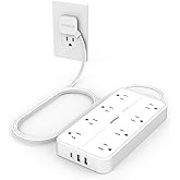 Flat Plug Power Bars with Surge Protector 1080J, TESSAN 6 Ft Extension Cord Indoor with 8 Multiple Outlets and 3 USB(1 USB C)