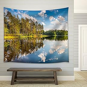 Beautiful Forest Lake at Sunset - Fabric Wall Tapestry Home Decor - 51x60 inches
