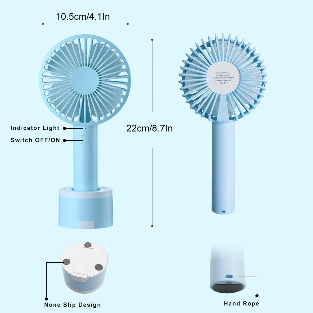 Mini Desk Fan Handheld Fan, Whisper Quiet Portable Personal USB Little Fan with Phone Holder, 2000mA Rechargeable Operated Battery, 3 Speeds Small Fan for Home, Office, Outdoor or Travel(Blue07)