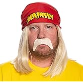 Costume Agent Red Mania Wrestler Bandana with Attached Wig and Mustache Halloween Costume Cosplay