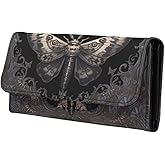Jolamirel Goth Moth Purse Black PU Leather Slim Wallet for Women, Gothic Floral Long Trifold Clutch Checkbook Wallets with Zipper Pocket, Vintage Victorian Purse Credit Card Holder