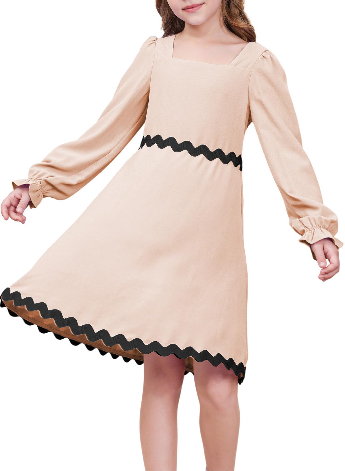 Photo 1 of blibean Teen Girls Fall Dresses Big Kid Puff Long Sleeve Smocked Boho Casual Flare Party Dress Semi Formal Flowy Dressy Outfit Spring Elegant Fancy Clothes Size 10-11 Year Old Beige