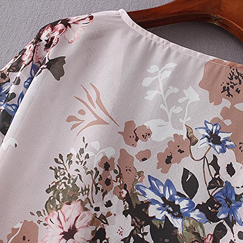 YANG-YI Hot Summer Women Chiffon Floral Kimono Loose Half Sleeve Shawl Chiffon Casual Cardigan (Beige, XXL) - Thumbnail 3