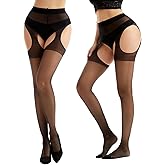 Viyongan Suspender Tights for Women Sheer Open Crotch Pantyhose High Waist Garter Belt Tights 2 Pairs