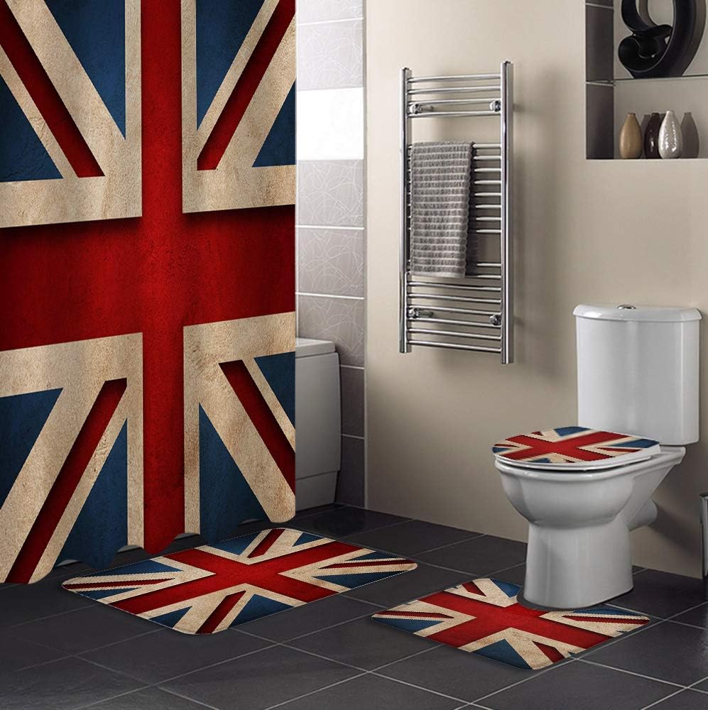 Union Jack 4 Pieces Shower Curtain Sets with NonSlip Rugs, Toilet Lid