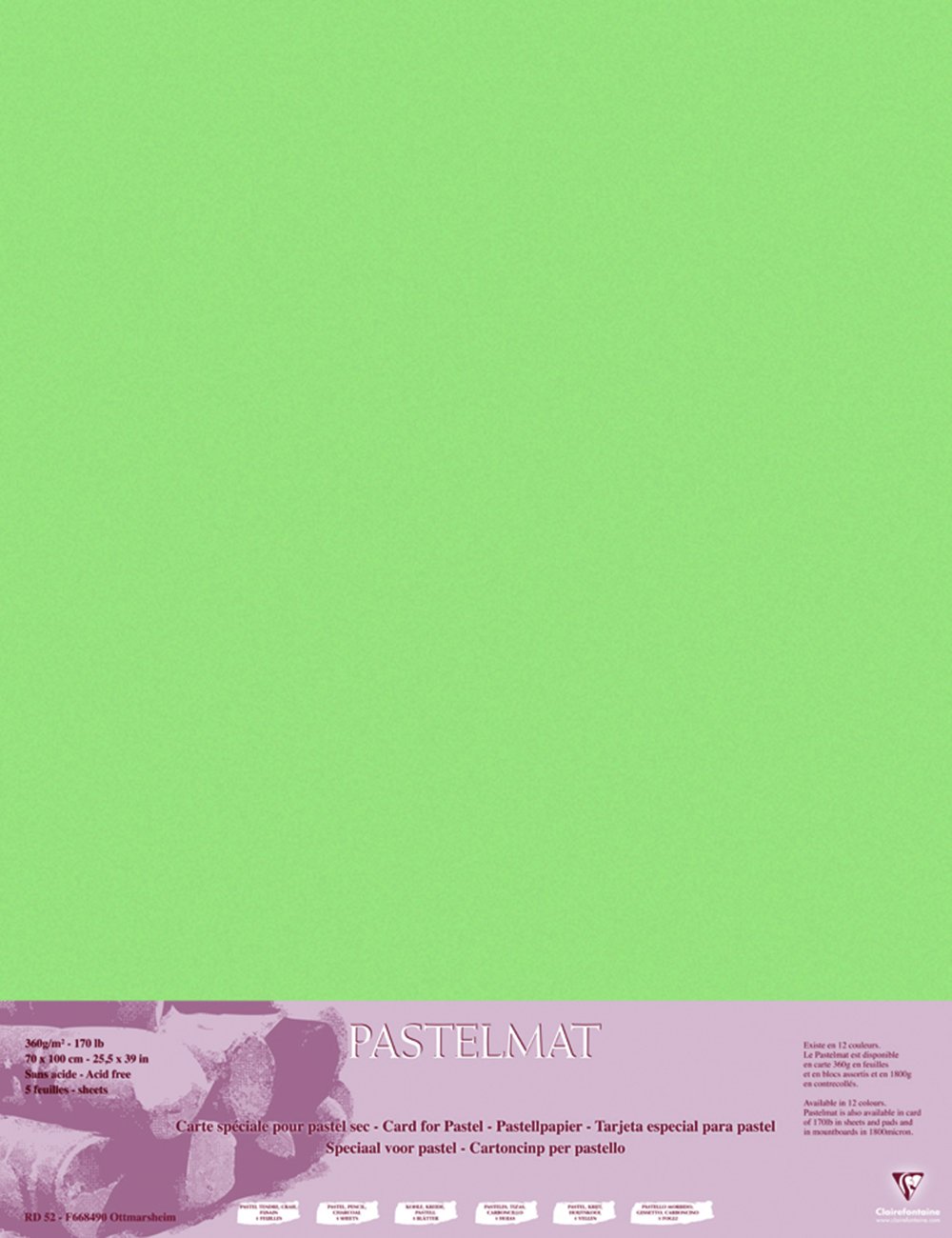 Clairefontaine - Ref 96158C - Pastelmat Card Sheets (Pack of 5 Sheets) - 360gsm Card - 70 x 100cm - Light Green Colour - Specially Formulated For Use With Pastels