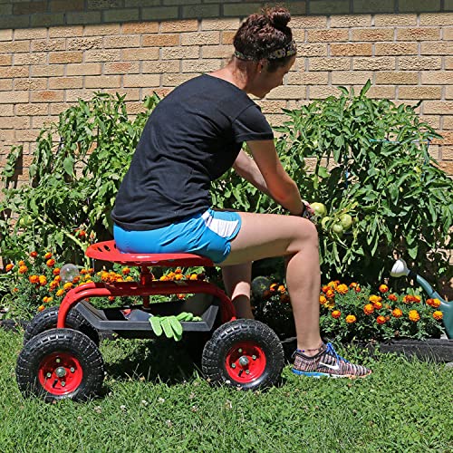 Sunnydaze Rolling Garden Cart Scooter with Wheels and Tool Tray 360