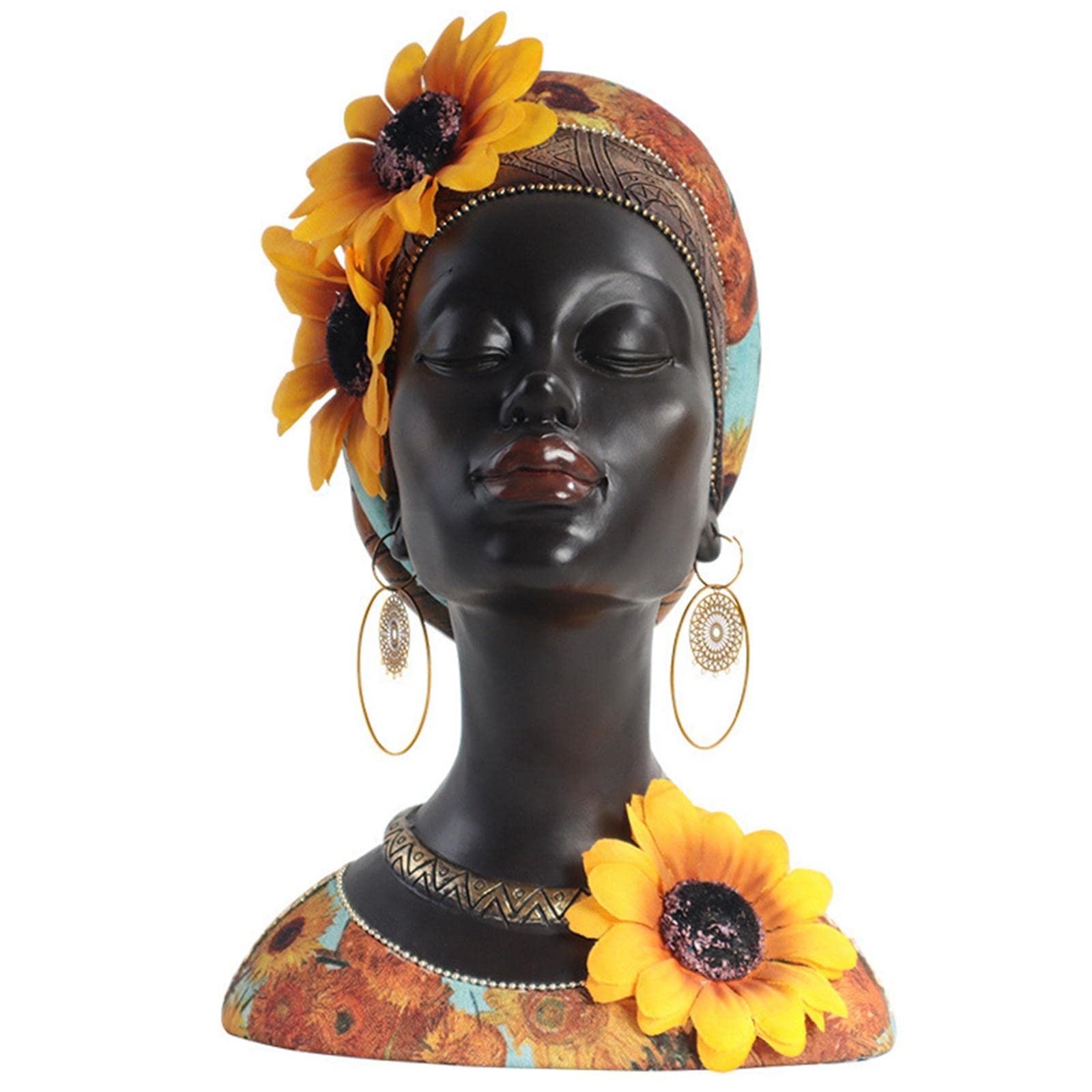 perfk African Woman Head Statue, Decorative Fashion Resin Ornament Collectible Female Bust Art Sculpture for Wedding Bedroom Hotel Office Tabletop