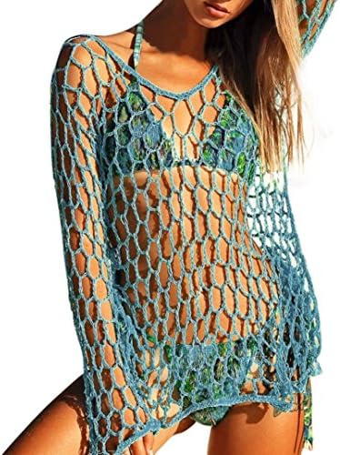 Creazydog Women Sexy Crochet Beach Cover up Fishnet Sarong Wrap Bikini Handmade Smock (Blue, M)