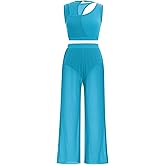 ODASDO Women Lyrical Dance Costume Contemporary Dancewear Two Piece Outfit Tank Crop Tops with Mesh Wide Leg Pants