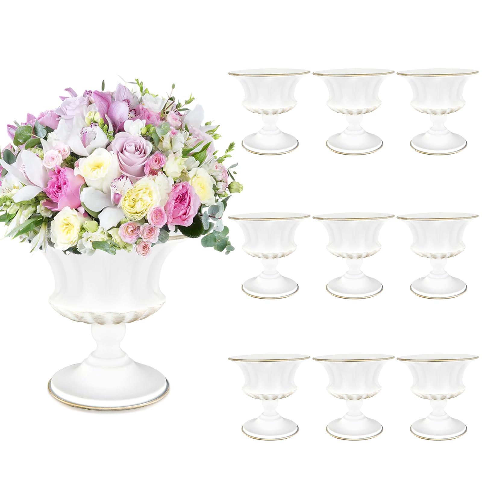 Photo 1 of White Vase for Centerpieces Compote Bowl: Wedding Pedestal Vases 5.9 Inch Metal Flower Urn for Table Home Party Set of 10