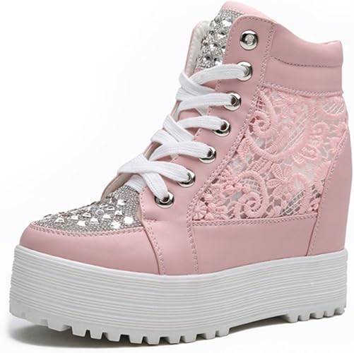 Amazon ハイカット 厚底スニーカー レディース レース ガールズ 美脚 歩きやすい インソール5cm コンバース風 24 5cm ピンク シューズ バッグ