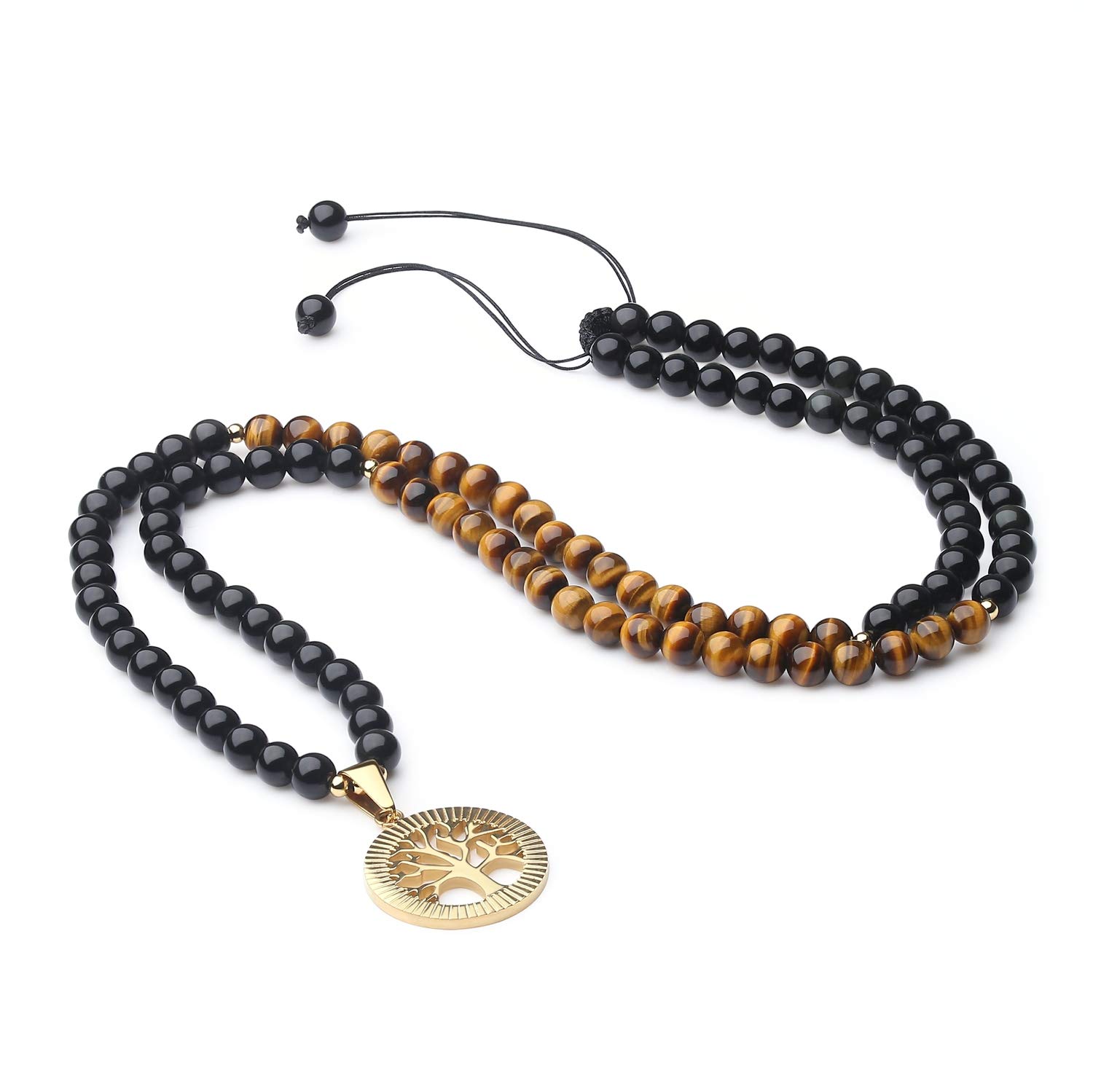 COAI Tree of Life Pendant Tiger Eye and Black Obsidian 108 Beads Mala Necklace โ image 1