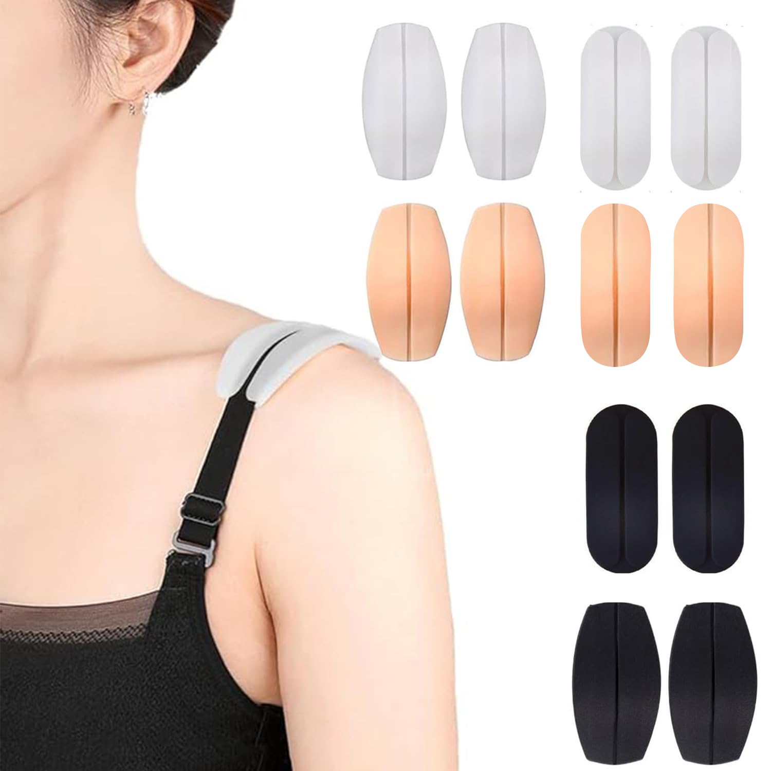Photo 1 of 12 Pcs Bra Strap Gel Pads, Bra Strap Holders, Silicone Bra Strap Cushion Pads for Slipping Bra, Soft Holder Non Slip Shoulder Protectors Pads Relieve Pain, Black White Skin Light Skin Color