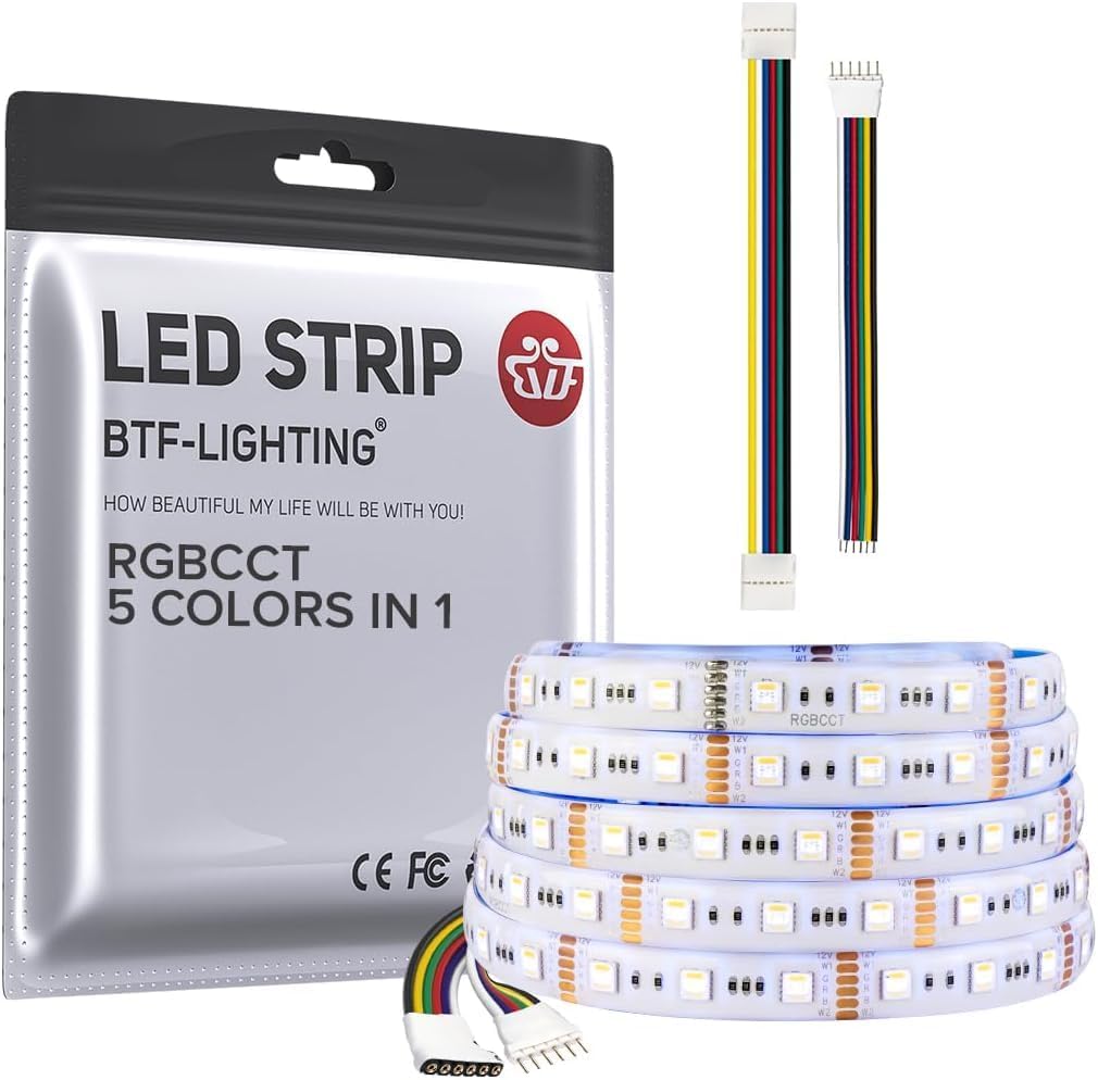 BTF-LIGHTING 5050 RGBCCT 5in1 16.4FT 5M 60LEDs/m 300 LEDs RGB+Warm White+Cool White LED Strip IP65 Waterproof White PCB 5 Colour in 1 DC12V for Stairs Room Garden Indoor Lighting