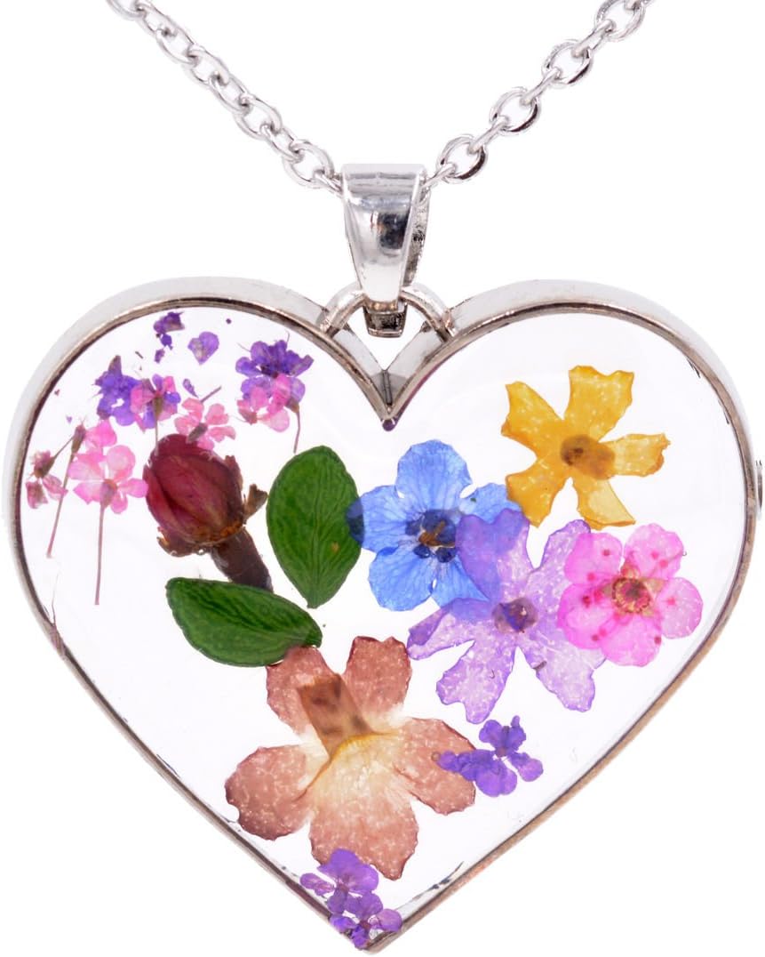 Handmade Real Flower Heart Shape Cameo Necklace - Rose Bud and Multi Colour Blossoms 18'' (in Organza Bag)
