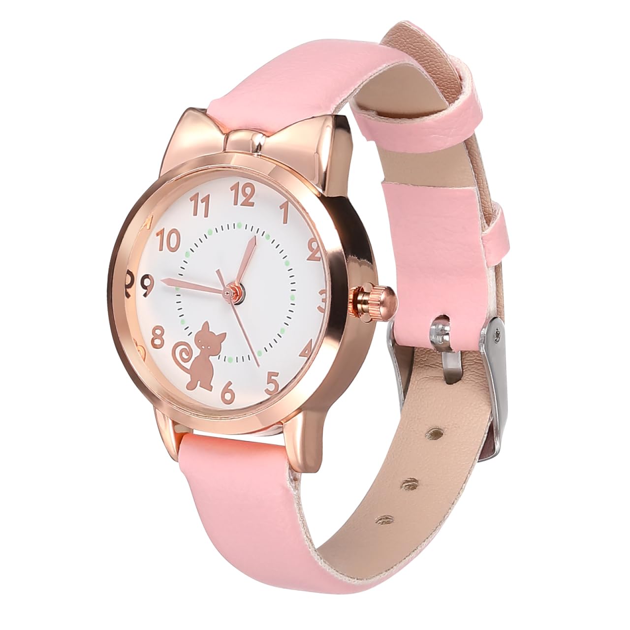 UKCOCO Kids Watch for Girls: Analog Quartz Wrist Watch Cute Cat Wrist Watches with Soft Leather Strap for 5-15 Years Old Girls,Pink