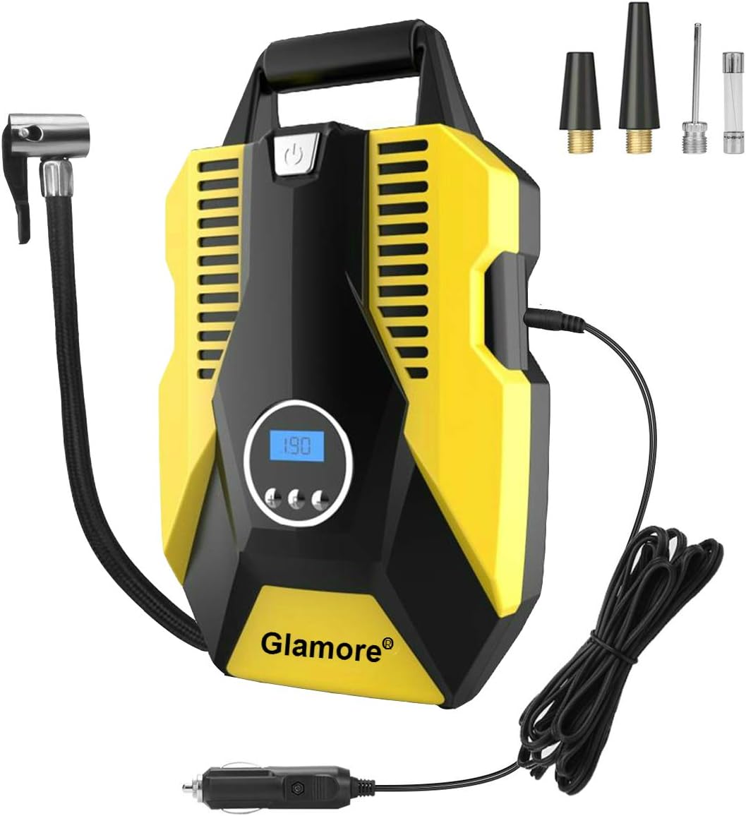 Glamore Portable Air Compressor for Car Tires, Digital Tire Inflator, 12V DC Air Compressor Tire Inflators, Air Tire Pump, 150 PSI with Emergency LED Flashlight for Cars, Motorcycles, Bikes, Ballons: Automotive