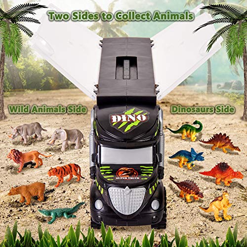 HERSITY Dinosaurier LKW Spielzeug, Dino Auto Transporter Truck mit 6 Tiere Spielset und 6 Realistische Dinosaurier… – Bild 4