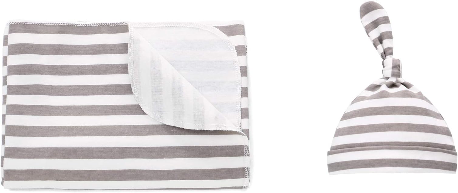 Knitted Baby Swaddle Blanket with Hat Set 100% Cotton, 90x90 cm, Newborn Swaddle Wrap, Receiving Blankets, Burping Cloth, Stroller Cover for Boys Girls