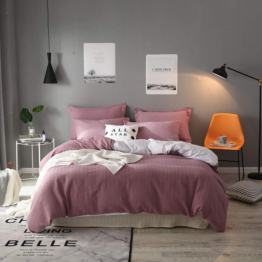 Lausonhouse Waffle Duvet Cover Set,100% Cotton Yarn Dyed Waffle Woven Stripe Duvet Cover Set - Queen Mauve