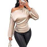 YUNZSXJY Women‌'s Spring & Autumn Chic Top Classic Off-Shoulder Blouse Stylish Long Sleeve Shirt‌ with Side Ruching