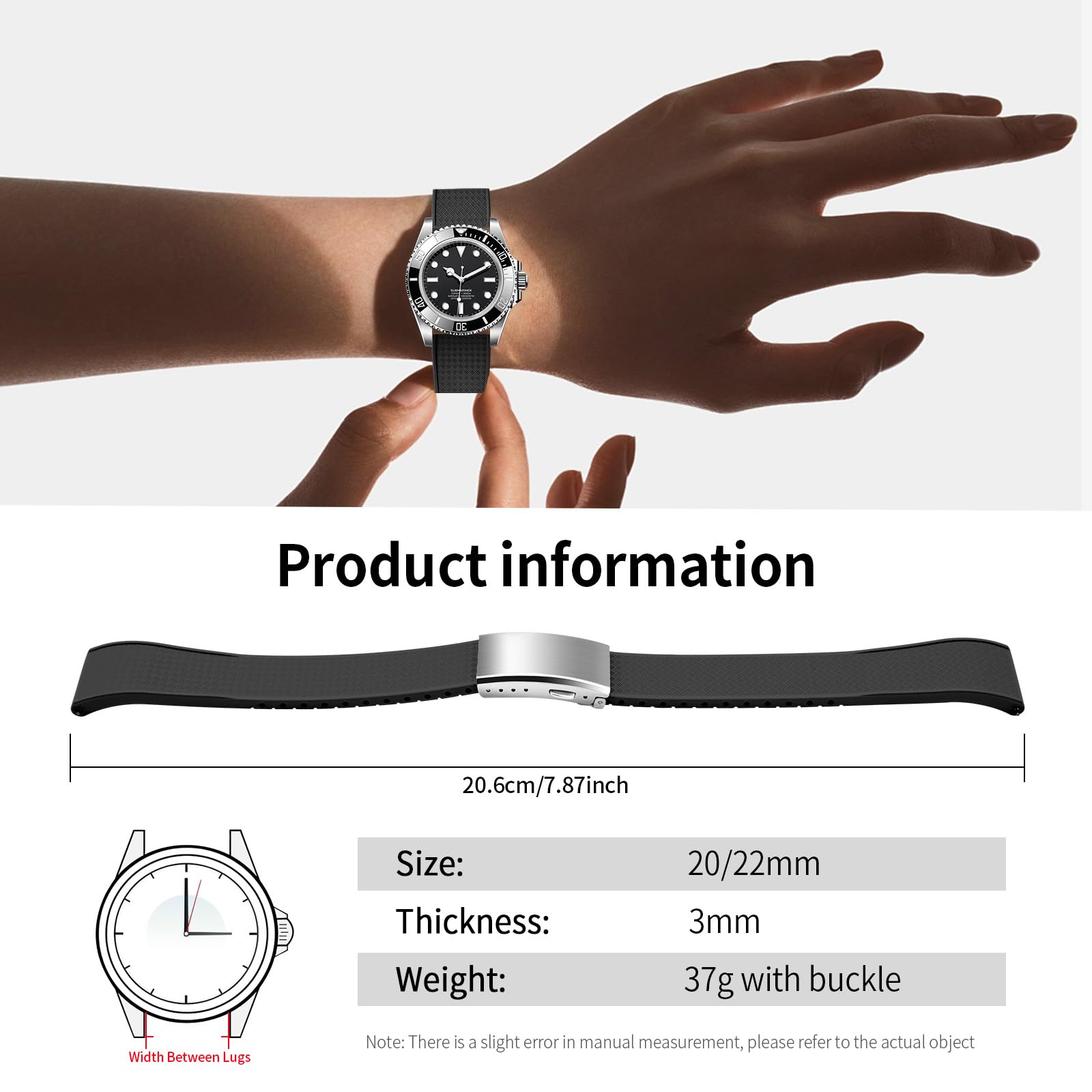 ULLCHRO FKM Rubber Watch Strap, Cut to Size Quick Release Fluororubber Watch Band Soft Replacement Watchband with Silver Milled Clasp for Men Women 18mm 19mm 20mm 21mm 22mm