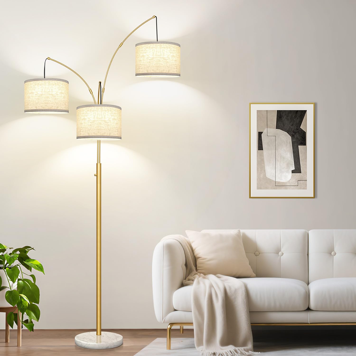 Photo 1 of Dimmable Floor Lamp - 3 Lights Gold Arc Floor Lamps for Living Room, 1000LM Modern Tall Standing Lamp with White Shade&Marble Base, Mid Century Tree Floor Lamp for Bedroom Office, 3 LED Bulbs Included