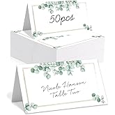 Place Cards for Table Setting, 2” x 3.5" Folding Tent Name Place Cards with Green Leaves Border for Weddings, Banquets Dinner