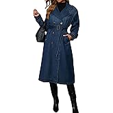 loveimgs Women Vintage Double Breasted Mid Long Denim Jacket Jean Trench Coat Duster Blazer Jacket Windbreaker Belt