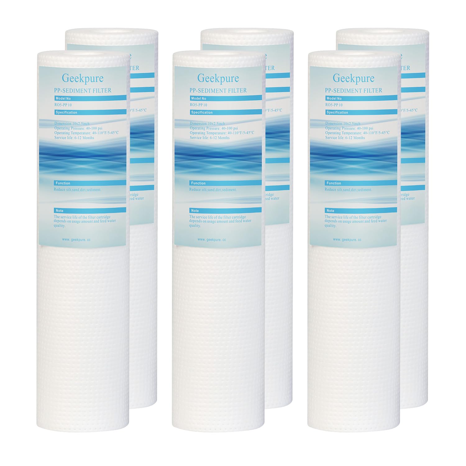 Photo 1 of Geekpure 10 Inch PP Sediment Replacement Cartridge for RO Water Filtration- 2.5" x 10"-5 Micron -Pack of 6