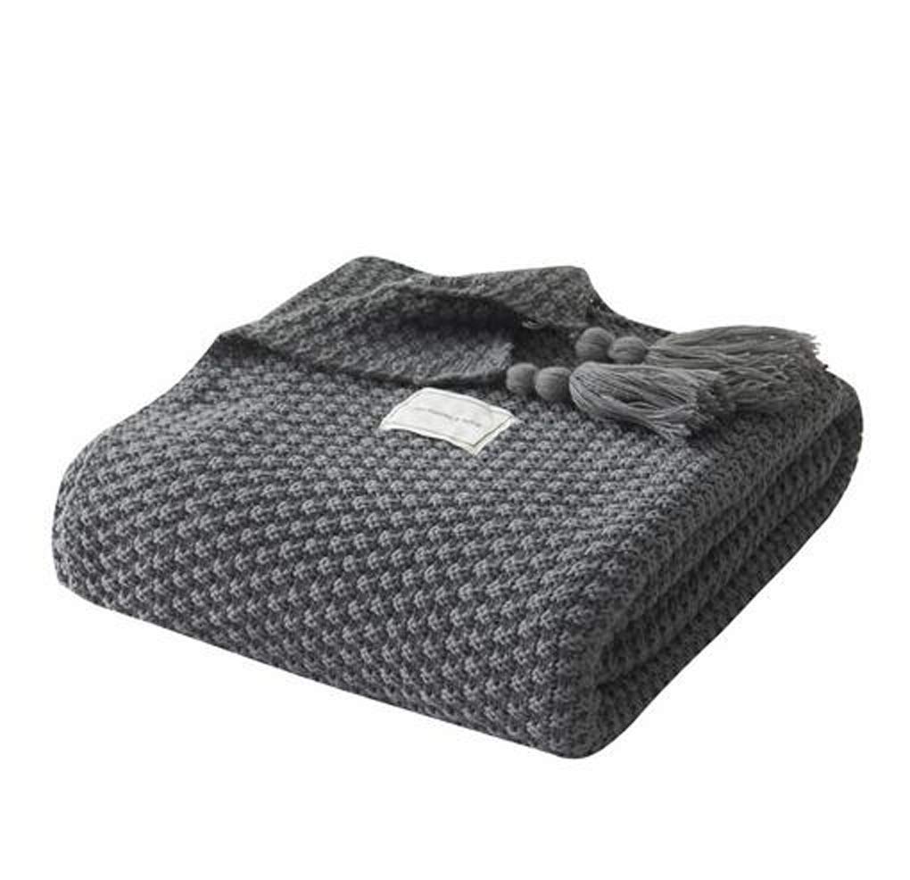 Moonlove Original Knitted Sofa Blanket Throw Cozy Bed Throw Blanket With Tassel Poms Poms for Office Chair Couch Sofa Conditioning Room, 110x150cm, Grey