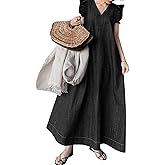 utcoco Womens Long Denim Dress Casual Loose Fit Ruffle Sleeveless V-Neck Jean Maxi Dresses for Women 2025