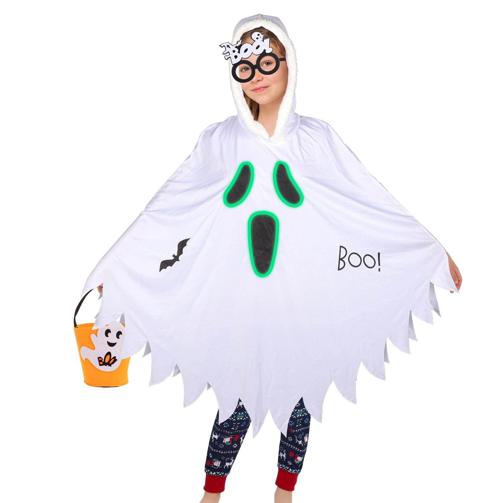 Lancry 3PCS Halloween Ghost Costume for Kids, Glow in Dark Hooded Poncho with Pumpkin Basket and Skeleton Glasses, Fancy Dress Scary Cloak for Boys Girls Toddler Aged 3-12 Years Old Trick or Treating