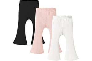TATAKERI 3 Pack Baby Girls Pants Solid Ruffled Ribbed Toddler Flared Pants Newborn Bell Bottoms Infant Leggings