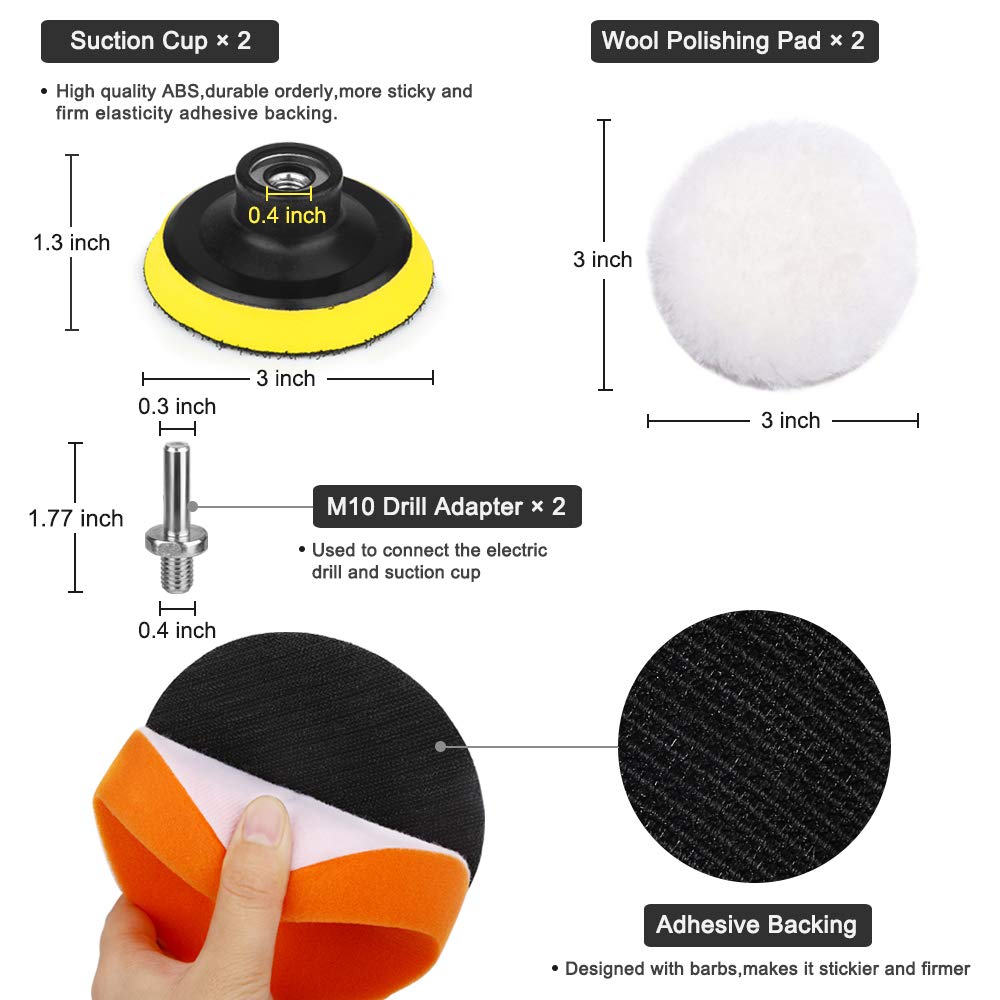 Electop Car Polishing Pad Kit 22 Pcs, 3 Inch Foam Drill Buffing Sponge Woolen Pads for Car Sanding, Buffing, Polishing, Waxing, Sealing Glaze(18 Pads+2 Drill Adapters+2 Suction Cups)