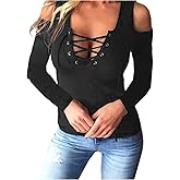 SEMATOMALA Women's Cold Shoulder Sexy Lace Up V Neck Short Sleeve Tee Shirts Tops Clubwear Plus Size